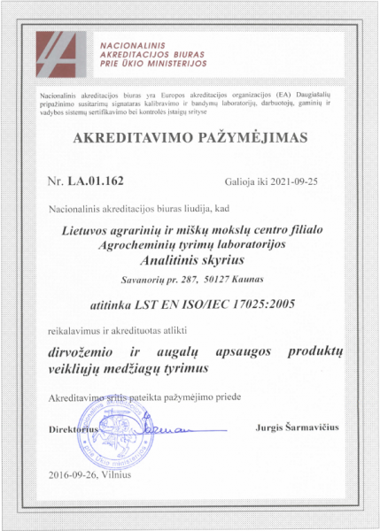 Agrocheminių tyrimų laboratorijos akreditacija